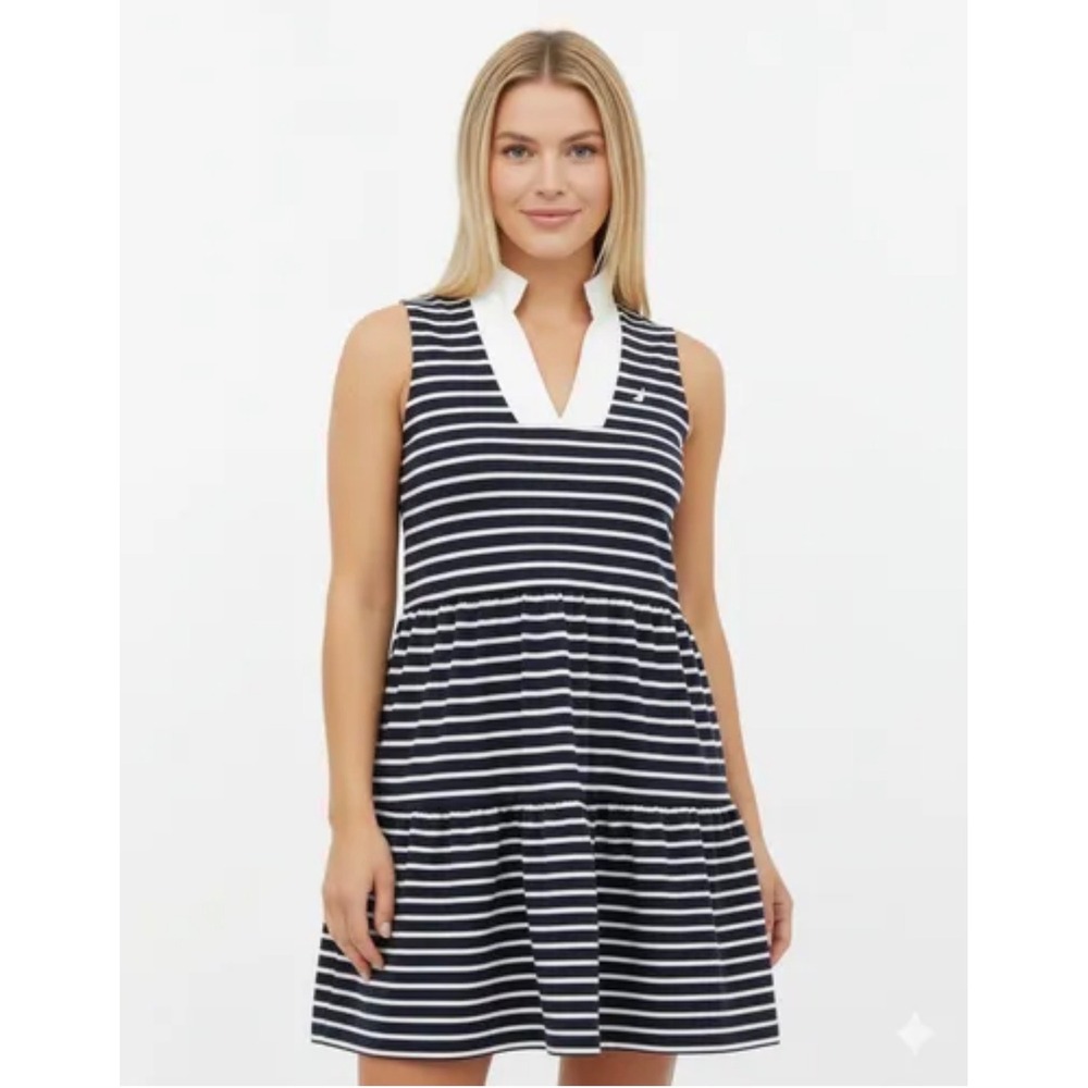 Nautica Jeans Navy White‎ Striped Sleeveless Tiered V Neck Collar Short Dress S